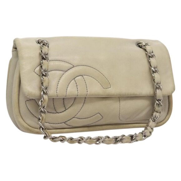 CHANEL Chain Shoulder Bag Lamb Skin Ivory Silver CC Auth 134523 - Picture 1 of 16